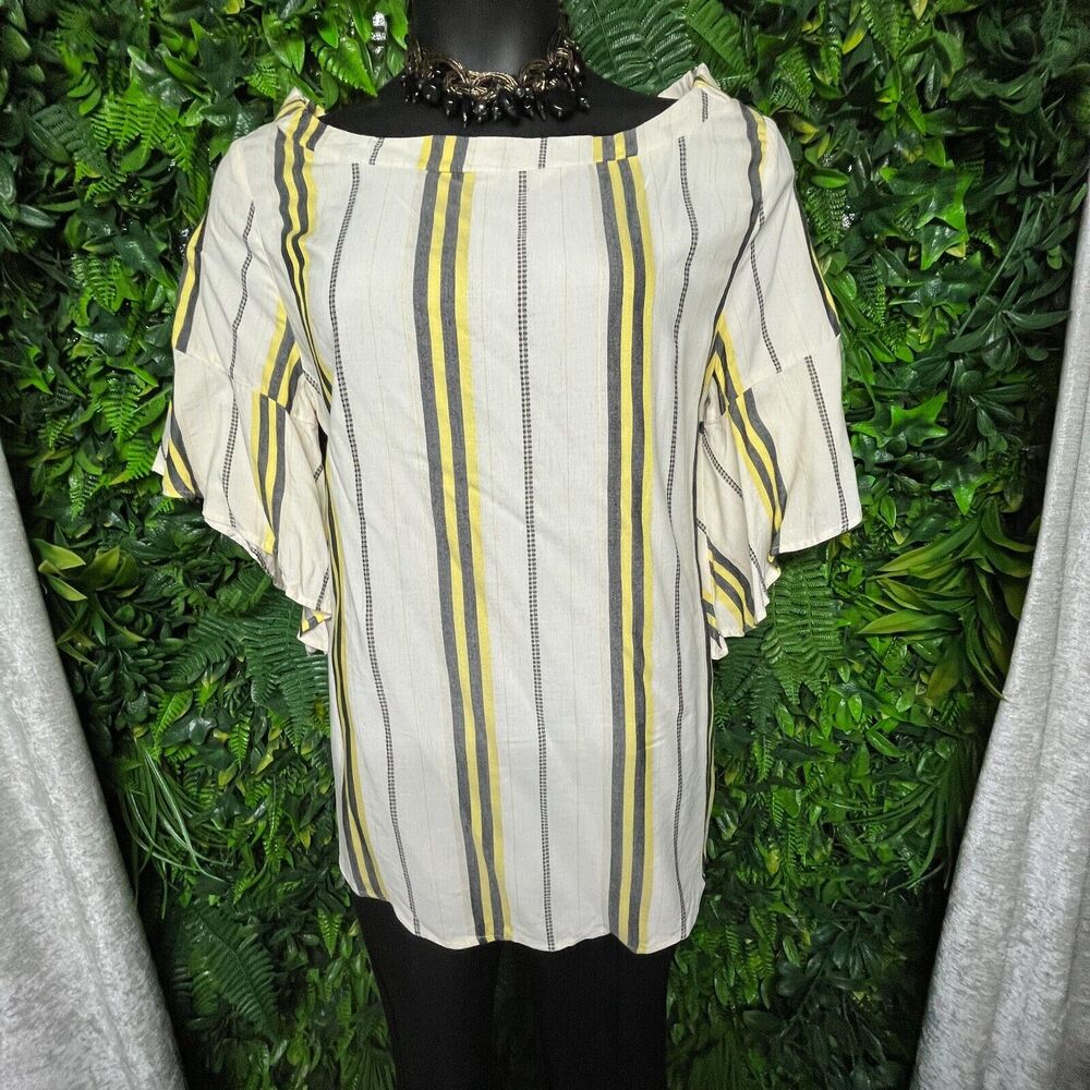 Women Tops 2X Beige Blouse Striped Print Ruffle Sleeve Verxy 1507‎